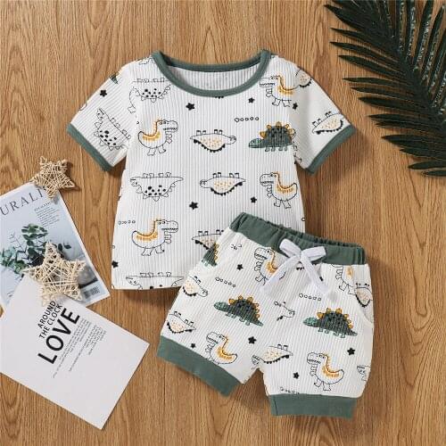 1-5T Baby Boy Children Dinosaur Print Summer Clothes Set Toddler Kids Short Sleeve O-Neck Ribbed T-Shirt + Elastic Waist Shorts