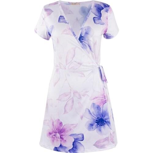 Neatie kiddie Summer Floral Print Sexy V-neck Casual Nightgowns Short Sleeve Sleepwear Tie Women Home Clothes Night Dress