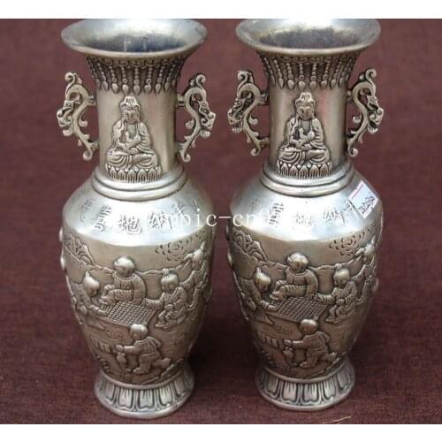 Pair 8'' bronze copper silver plating carvings Guanyin boys child design vase