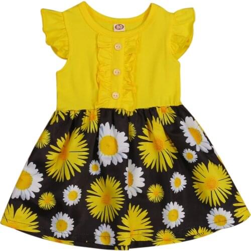 Baby Girl Dress, Daisy Printed Ruffle Short Sleeve Round Collar High Waist Princess A-Lined Buttons Skirt