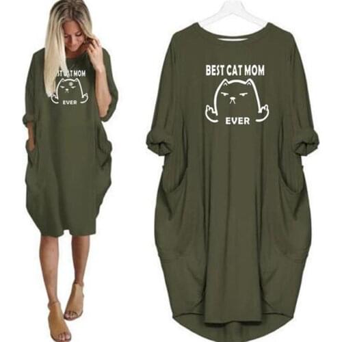 Dress Best Cat Mom Ever Letters Print Pocket Dress Clothing Vintage Maxi Women Floral Zanzea 100% Cotton Plus Size