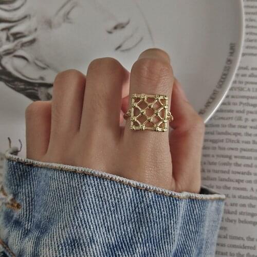 Real Gold Over 925 Sterling Silver Jewelry Geometric Suqare Hollow Braided Knots Versatile Woven Mesh Ring silver 925 jewelry