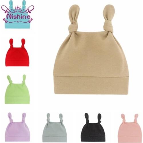 Nishine Baby Girls Soft Comfortable Cotton Hats Solid Color Handmade Knotted Caps Fashion Warm Kids Bonnet Clothing Accessories