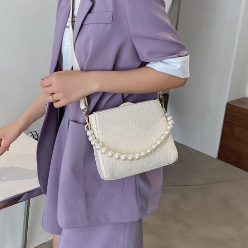 Pearl Chain Shoulder Bags for Women Alligator Small Bucket Messenger Bag Ladies Simple White Handbags Pure Color Crossbody Bags