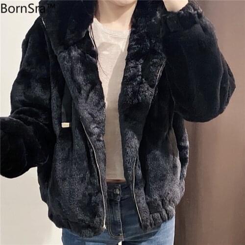 Bornsra 2020 Autumn/winter Black New Temperament Womens Fashion European and American Fur Effect Hooded Jacket Jacket