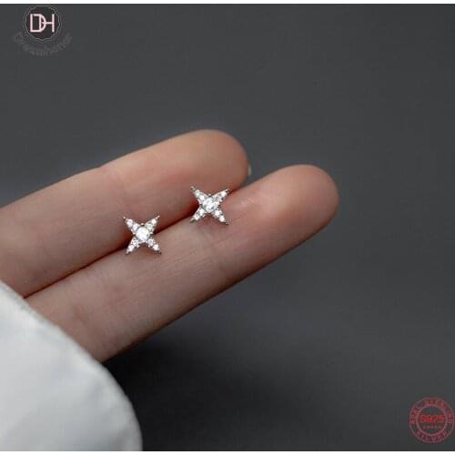 Dreamhonor Solid Sterling Silver 925 Full Crystal Zircon Star Shape Stud Earrings Women Gifts Jewelry