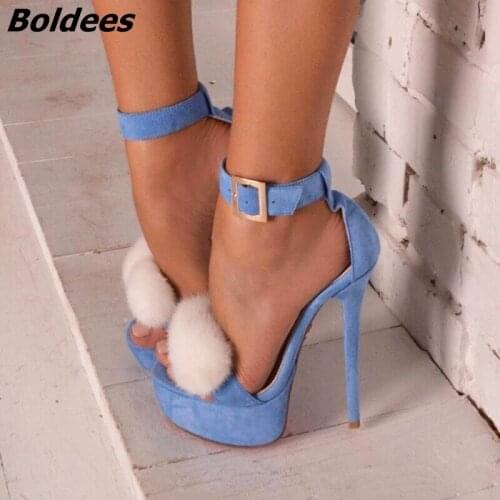 Trendy Buckle Style Stiletto Heeled Dress Shoes Women Light Blue Suede Platform High Heels Sweet White Fur OL Shoes