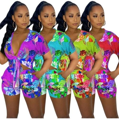 Echoine Women Summer Floral Print Playsuit Short Sleeve Turn-down Collar Bandage Loose Playsuits Fashion Romper Beachwear Outfit