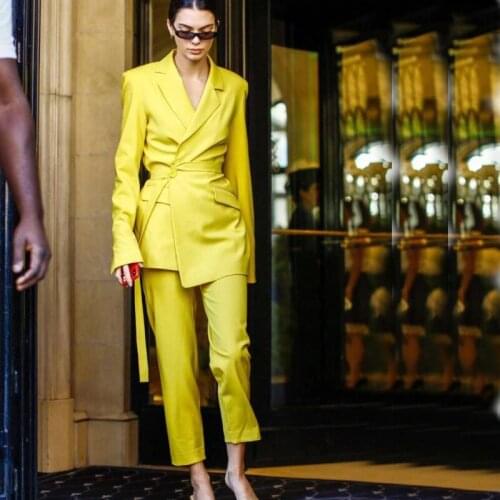 Blazer summer Yellow womens suit Bandage suit trousers Office clothing Party dress 2 piece set Slim temperament Formal wear2020