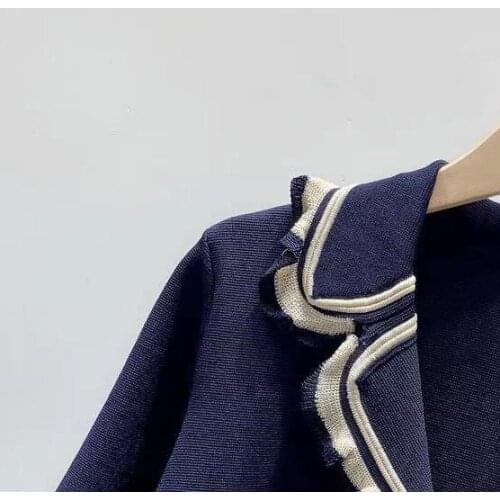 Women Short Sleeve Knit Sweater Or Skirt 2021 New Early Autumn Turn-down Collar Single Breasted Letter Preppy Style Cardigan