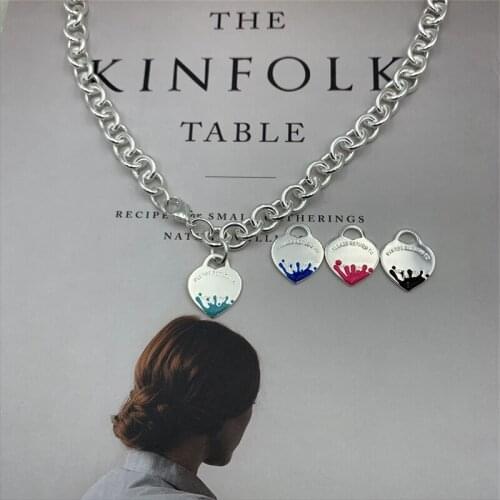 Female elegant fashion enamel drop heart pendant S925 sterling silver necklace original brand high quality jewelry holiday gift