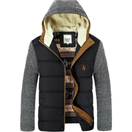 Winter Mens Thick Jackets Knitted Long Sleeve Hooded Parkas Patchwork Full Zipper Fashionable Causal Fleece Padded Coat EU Size