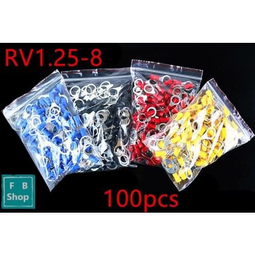 RV1.25-8 Cold pressed terminal line nose circular pre insulated end O type sheath terminal 100PCS