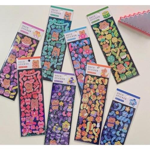 2 Pcs Cute Ribbon Bear Laser Stickers DIY Scrapbooking Decoration Diary Planner Album Hand Account Collage Stationery Sticker