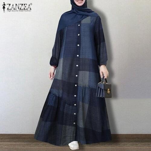 2021 Women Spring Dress Print Buttoms Maxi Dress ZANZEA Retro Long Sleeve Muslim Dresses Casual Abaya Hijab Dresses Vestidos