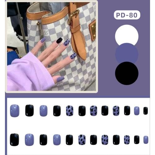 24pcs Purple Black Leopard Print False Nails Glue Type Removable Short Paragraph Fashion Manicure Fully Covered Nail Decoration