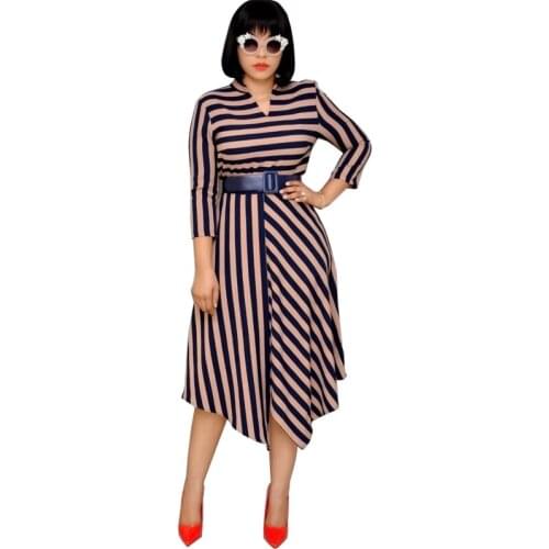 African Dresses For Women Elegent Fashion Stripe Style African Women Plus Size Polyester Mid-Calf Dress L-3XL