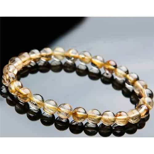 Free Shipping Women Femme 7mm Brazilian Genuine Natural Titanium Rutilated Quartz Crystal Yellow Gold Round Bead Bracelet