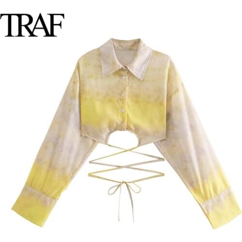 Traf Women Clothing Spring Autumn Long Sleeve Blouses Chic Loose Buttoned Shirts Bowknot Bandage French Fashion Tie Dye Tops