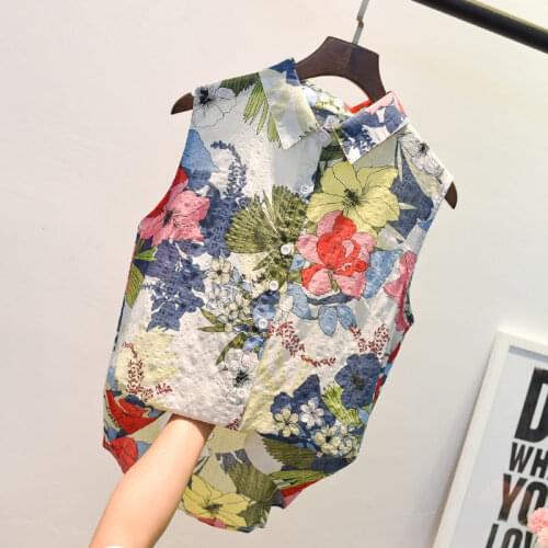 Womens Spring Summer Style Cotton Blouses Shirts Womens Peter pan Collar Printed Sleeveless Korean Loose Tops SP651