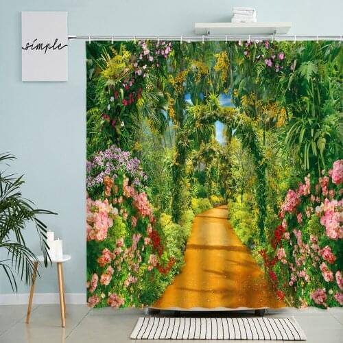 Flowers Scenery Shower Curtain Green Plant Rattan Arched Garden Ocean Natural Landscape Bathroom Decor With Hook Screen Washable