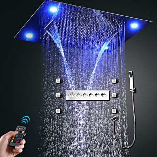 Hot Selling Recessed Ceiling Big Rainfall Waterfall Massage Showerhead LED Thermostatic High Flow Shower Faucets Set Body Jet