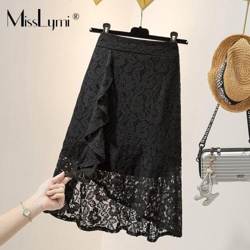 L-4XL Plus Size Women Elegant Lace Skirt Summer 2021 Fashion Loose Ruffle High Waist Hook Flower Hollow Ladies Mermaid Skirt