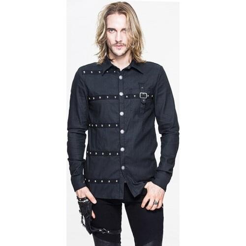 New Black Long Sleeve Turn Down Collar Rivet & Belt Buckle Goth Shirt Steampunk Clothing Mens Medieval Vintage Top Streetwear