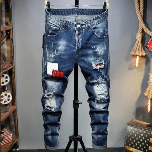 New DSQUARED2 Mens Hole Printed Jeans Punk Clothes Pants Skinny Hip-Hop Pants 1080
