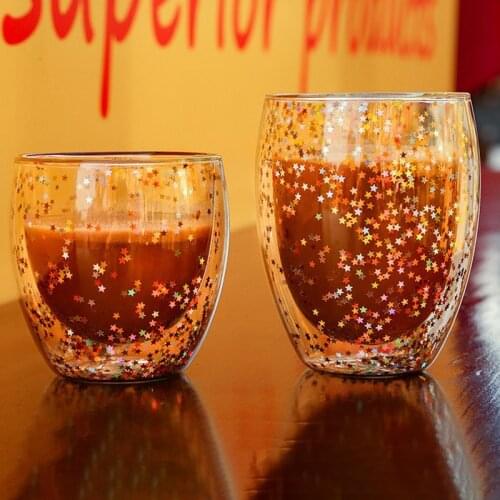 1Pc New Transparent Glass Coffee Cup Double Bottom Heat-resistant Glass Cup Creative Sky Star Sequins Cup Whiskey Beer Milk Mug