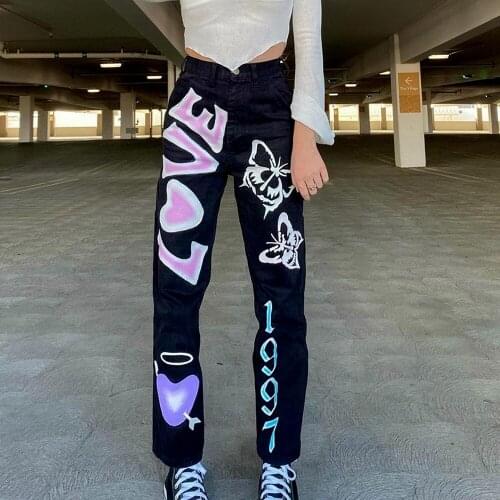 Graffiti Print Y2K Straight Jeans Women 2000s Aesthetic Cute E Girl Streetwear High Waist Denim Trousers Female Bottoms
