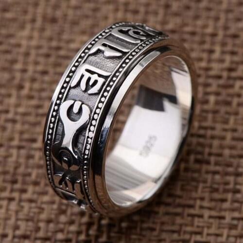 Real S925 Sterling Silver Mens Six Character Fashion Rotating Ring Exquisite Commemorative Party Jewelry