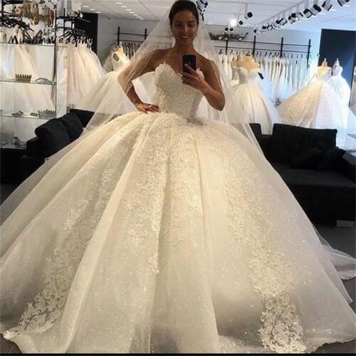 Luxury Beads Crystals Sequins Ball Gown Wedding Dresses 2022 Vestido de Noiva Sparkly Shinning Train Wedding Bridal Gowns