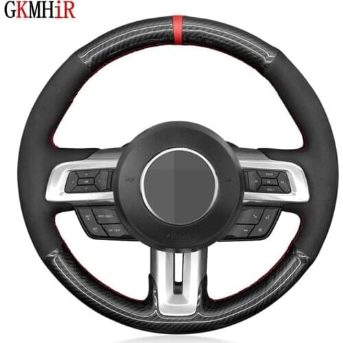 Hand-Stitched Black PU Carbon Fiber Suede Car Steering Wheel Cover For Ford Mustang 2015 2016 2017 2018 2019 2020