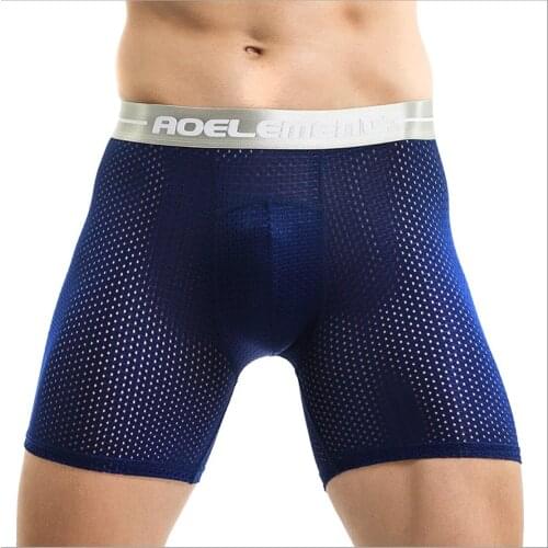 L~6XL Large Male Underwear Ice Mesh Hole Sports Fitness Plus Long Boxer Pants Man Couple Sexy Set Calecon Big Size194 Blue Color