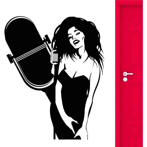Vinyl Wall Decal Karaoke Club Singer Girl Retro Music Microphone Wall Sticker Music Wall Decor Removable Karaoke Club Decor C638