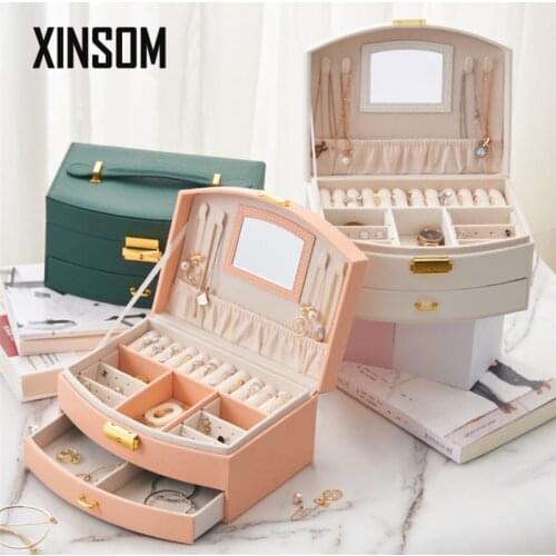 XINSOM New Women Jewelry Box Casket High Capacity Multilayer Jewelry Packaging Display Box With Mirror Portable Travel Case