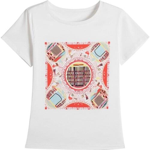 Summer Women O-Neck Print Patchwork Satin Shirt Fashion Tops T-shirts Loose Short Sleeve 2021white Tshirts Large size