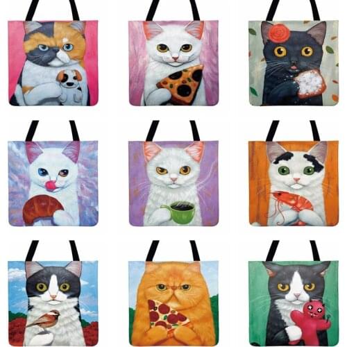 Cartoon Coffee Cat Painting Printed Tote Bag Women Casual Tote Ladies Shoulder Bag Fashion Shopping Bag Outdoor Beach Bags