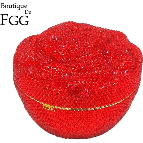 Boutique De FGG Dazzling Fully Red Floral Crystal Diamond Evening Minaudiere Clutch Bag Wedding Party Flower Rose Handbag Purse