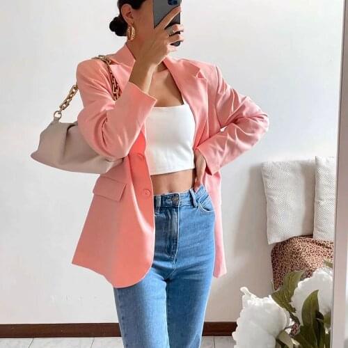 Women Pink Woven Turndown Collar Single Breasted loose Blazer Coat Female Office Lady coat ladies streetwear Top