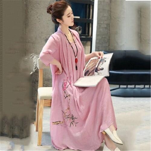 Retro Ethnic Style Printing Womens Large Size Cotton and Linen Dress 2019 Summer New Large Size Fake Two-piece Suit Loose Dress