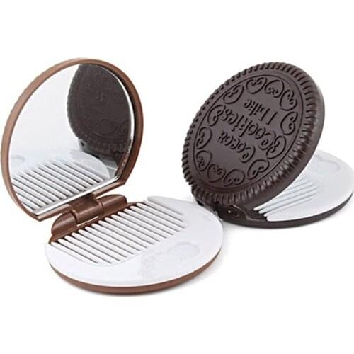 1Pcs Cookie Shaped Chocolate Mini Makeup Mirror Compact Pocket Mirror Portable Folding Cosmetic Mirror With 1Pc Comb Women T0692