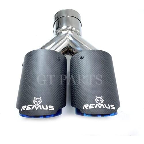 1 PCS Car Universal Dual Pipes Equal Length Remus Sport matte Carbon Fiber Exhaust Muffler Tips Glossy Blue Inner Pipe for BMW
