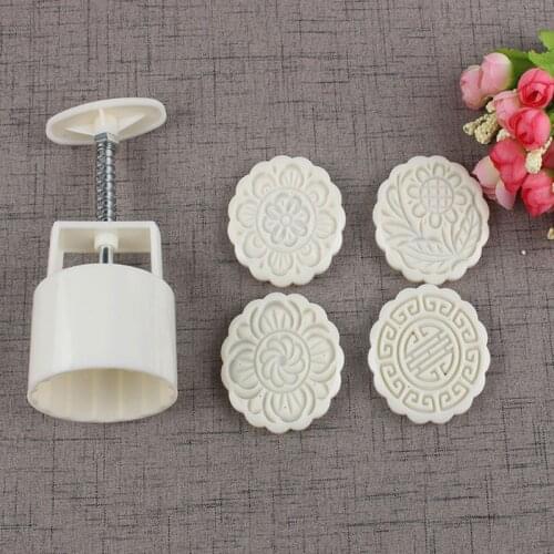 4pcs Flower Stamps 100g Round Moon Cake Decor Mould Barrel Round Mooncake Mold Pastry Mooncake Hand DIY Tool Baking Supplies