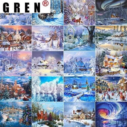GREN Home Decor 5D Diy Diamond Painting House Snow Winter Scenery Cross Stitch Full Square/Round Embroidery Handwork Rhinestone