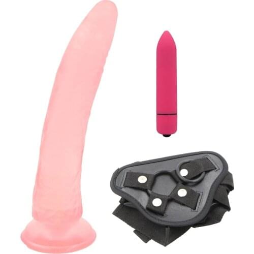 YEMA Big Pink Silicone Strap On Dildo Masturbator Fake Penis & 10 Mode Small Bullet Dildo Vibrator Sex Toys for Woman Strap ons