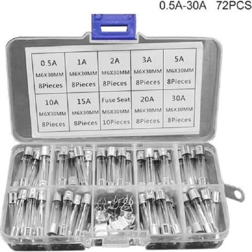 72pcs 6x30mm Fast-blow Glass Fuses Quick Blow Car Glass Tube Fuses Assorted and 10pcs fuse seat 6*30 home fuse with box