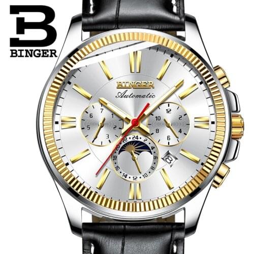 BINGER Watch Men Luxury Brand Automatic Mechanical Men Watches Sapphire Wristwatches Moon Phase relogio masculino Mens Watches