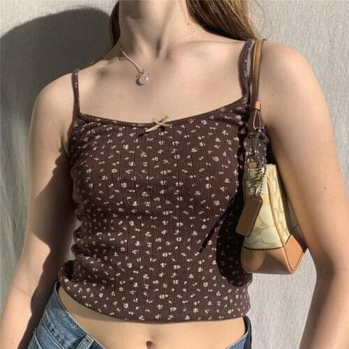 Floral Print Summer Bow Women Camis Top With Thin Strap Backless Brown SweetTrend Cute Sleeveless Crop Cami Outfits